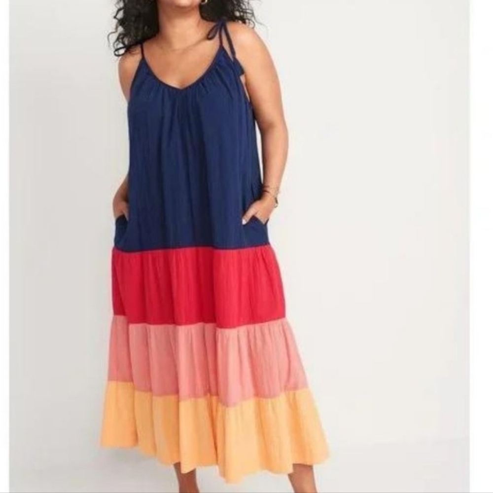 Old Navy Navy Blue Red Pink Yellow Tiered Maxi Dress